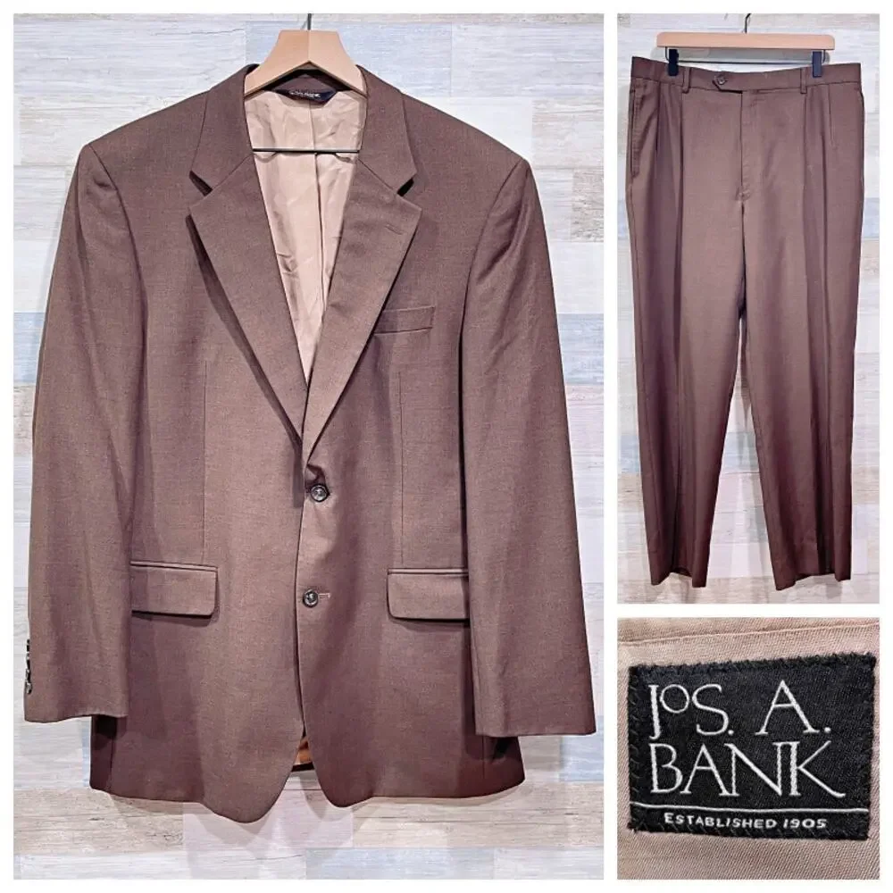 Jos A Bank Wool 2 Piece Suit Brown 2 Button Mens 43L Jacket 37L Pleated Pants